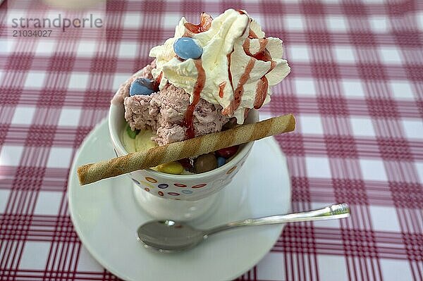 Ice cream sundae with cream and waffle  Bavaria  Germany  Europe