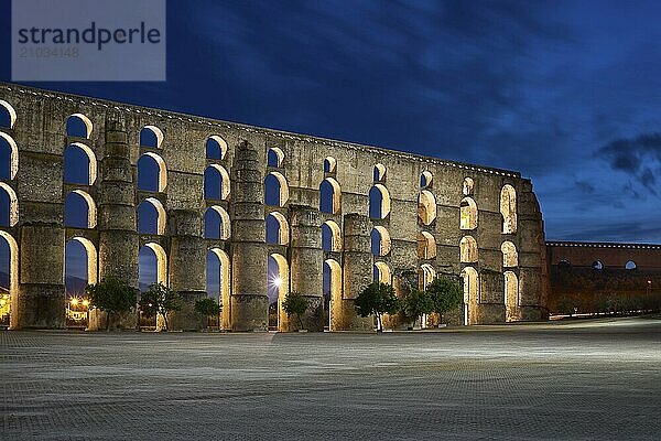 Elvas Amoreira Aqueduct city at night in Alentejo  Portugal  Europe