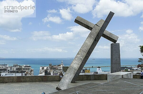 Salvador  Brazil  Novemberl 11  2019: Cruz Caída Monument: Created by Bahian artist Mário Cravo  it is located in Praça da Sé  in central Salvador. A sculpture was inaugurated in 1999 to commemorate the 450th anniversary of the founding of the city  South America