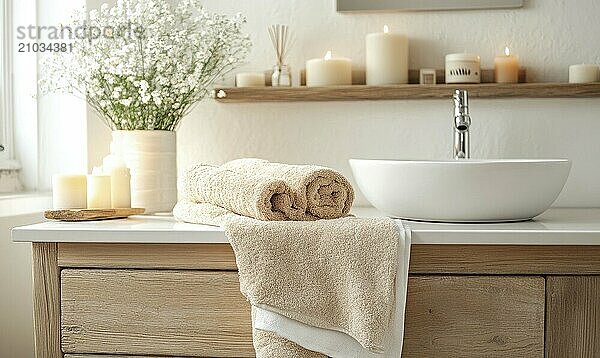 Scandinavian bathroom with autumn-colored towels and candles on the shelf AI generated