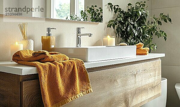 Scandinavian bathroom with autumn-colored towels and candles on the shelf AI generated