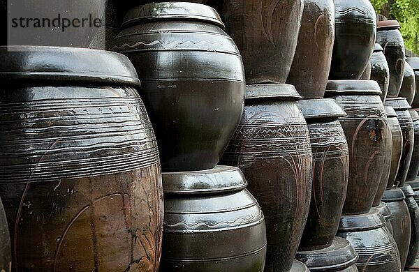 Old kimchi pots stacked up in Seoul  Korea