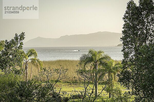 Jetsky in beautiful view with natural lake and mountains in background