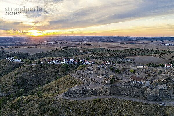 Juromenha castle  village and Guadiana river drone aerial view at sunset in Alentejo  Portugal  Europe