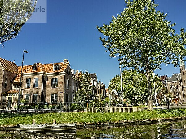 Atmospheric street with old houses and trees along a canal under a clear sky  alkmaar  the netherlands