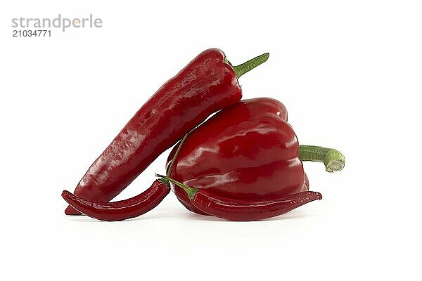 Fresh red chili peppers and bell pepper isolated on a white background