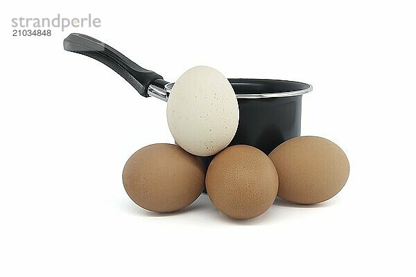 Black cooking pot surrounding collection of eggs with varying colors  isolated on white background