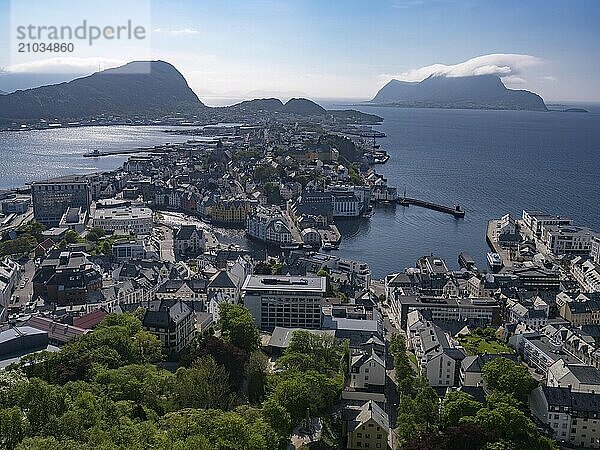 View of Ålesund and its harbours in Norway from Byrampen