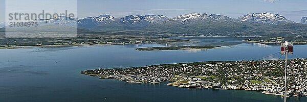 Panoramic view of Tromso and mountains seen from the top of a mountain  Norway  Europe