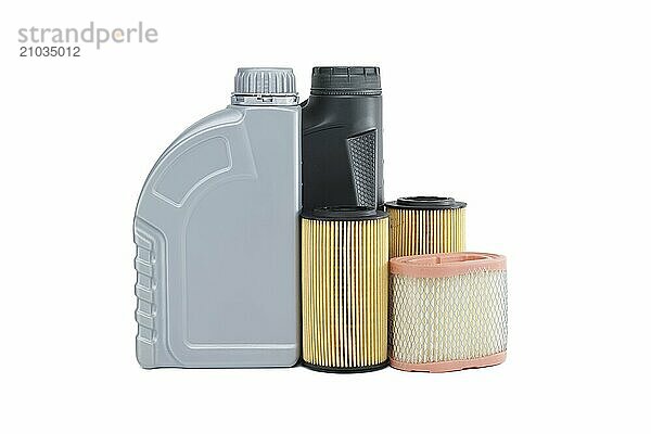 Car oil filters elements and motor oil can isolated on a white background. Oil and filter replacing maintenance or car servicing  automotive industry