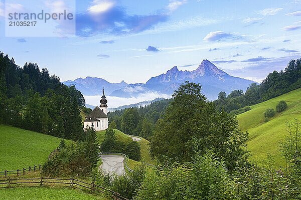 Maria Gern pilgrimage church  view of the Watzmann  in front of sunrise  Berchtesgarden Alps  Berchtesgaden  Berchtesgadener Land  Upper Bavaria  Bavaria  Germany  Europe