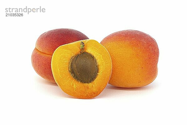 Group of fresh whole apricots and one cut in half to reveal its interior  isolated on a white background