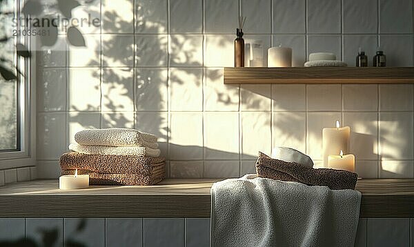 Scandinavian bathroom with autumn-colored towels and candles on the shelf AI generated