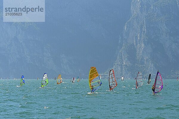 People windsurfing on a sunny day with clear blue skies and mountain backdrop  Lake garda  Torbole  Lake garda  Lago di Garda  Trentino  Italy  Europe