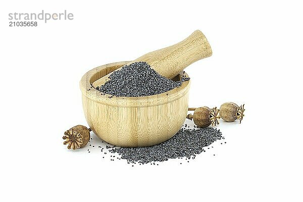 Dried poppy seed pods and poppy seeds in wooden mortar with pestle isolated on white background  full depth of field