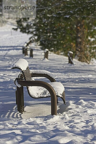 A concept photo of an empty park bench covered in snow in north Idaho