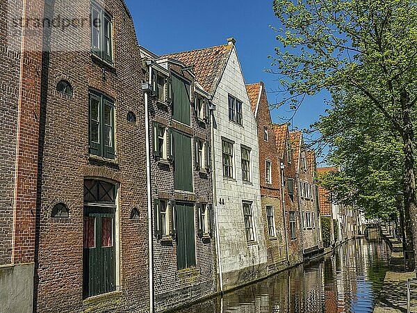 Row of old brick buildings and water channels with blue sky and trees  alkmaar  the netherlands