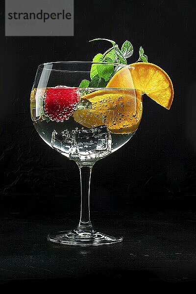 Fancy cocktail with fresh fruit. Gin and tonic drink with ice at a party  on a black background. Alcohol with orange  mint  and strawberry