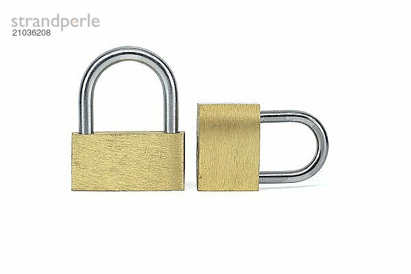 Two shiny gold padlocks that has a silver inner part isolated on white background