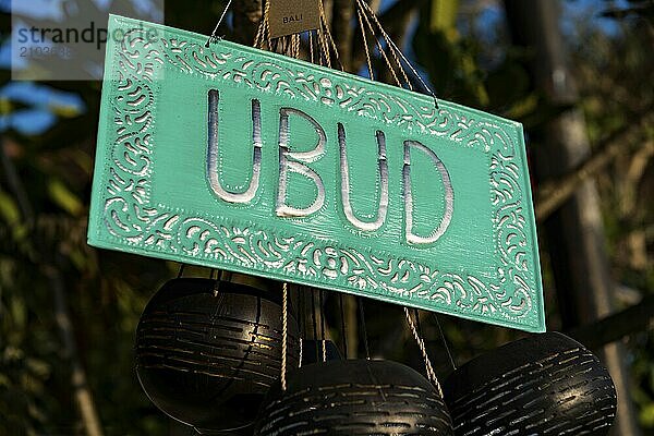 Sign with the inscription Ubud  travel  place  name  tourism  destination  culture  Asian  holiday  travel  long-distance trip  dream trip  dream holiday  holiday dream  time out  Ubud  Bali  Indonesia  Asia