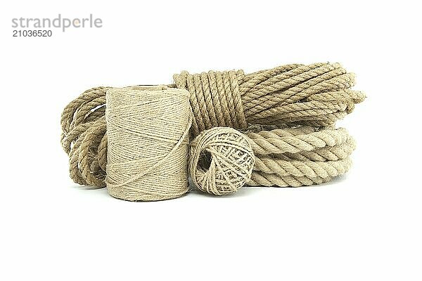 Collection of jute ropes and twines isolated on white background