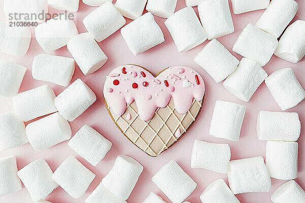 Melt ice cream heart gingerbread cookie  marshmallow. Valentine. Pink background.