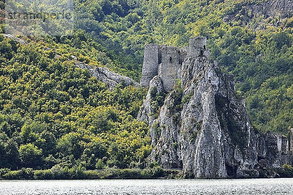 View of the castle on the Danube on the Serbian side opposite Coronini  Danube landscape  Iron Tor Tor nature park Park  Romania  Europe