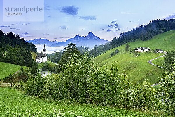 Maria Gern pilgrimage church  view of the Watzmann  in front of sunrise  Berchtesgarden Alps  Berchtesgaden  Berchtesgadener Land  Upper Bavaria  Bavaria  Germany  Europe