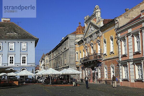 Houses on Piata Unirii  Unification Square  from left  the House of the Serbian Community  the Franz-Josef Barracks or Vienna Barracks  the House with the Lions  the House of the Seven Electors  Timisoara  Timisoara  Banat  Romania  Europe