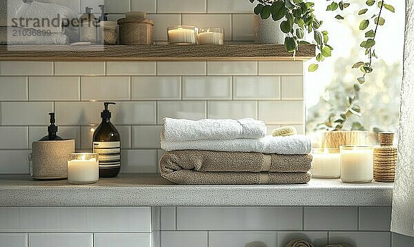 Scandinavian bathroom with autumn-colored towels and candles on the shelf AI generated