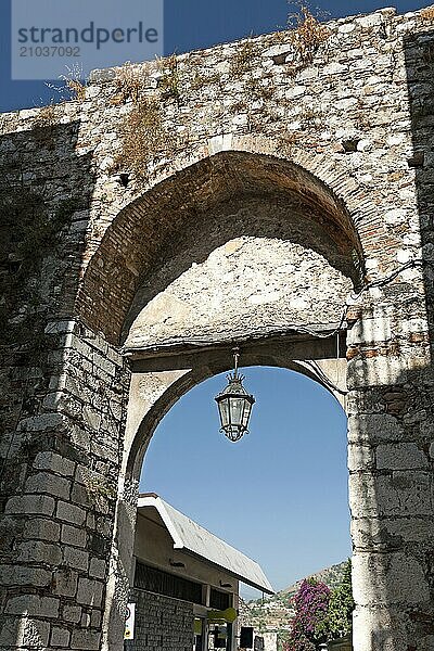 The medieval arch of Porta Catania in Taormina  Sicily  Italy  Europe