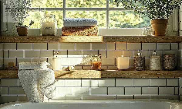 Scandinavian bathroom with autumn-colored towels and candles on the shelf AI generated