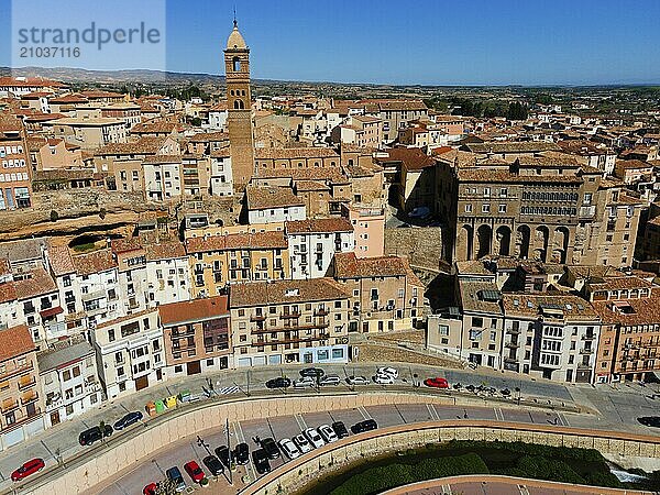 Aerial view of a historic city with a striking tower and many tiled roofs  aerial view  church  Iglesia de Santa María Magdalena  bishop's palace  Palacio Episcopal  Tarazona  Zaragoza  Aragon  Spain  Europe