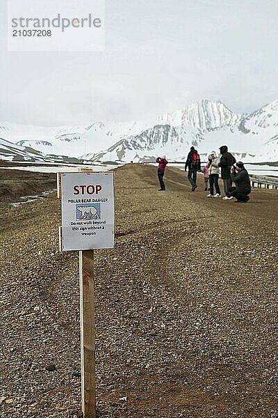 Stop sign polar bear danger in Ny Alesund  Svalbard islands  Norway  Europe