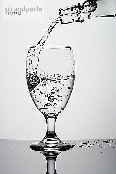 A studio photo of pouring water from a bottle into a glass against a white background