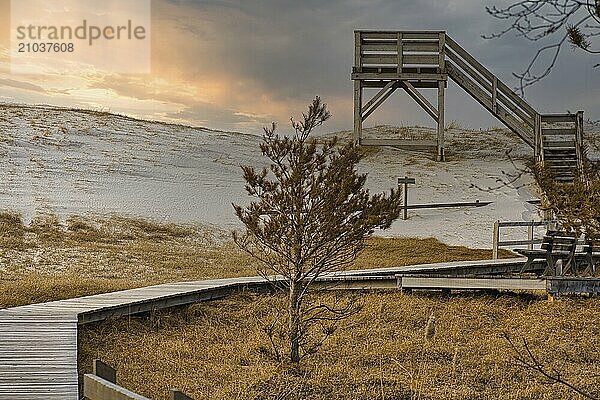 Sunset at the observation tower at the high dune on the Darss. National Park in Germany. View of boardwalk  sea  Baltic Sea  sand  forest and sky