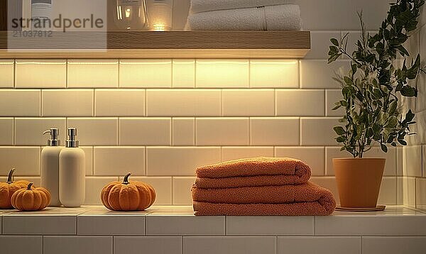 Scandinavian bathroom with autumn-colored towels and candles on the shelf AI generated