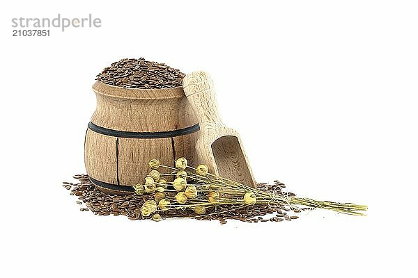 Linseed in small wooden barrel near bunch of flax plants and wooden scoop isolated on white background