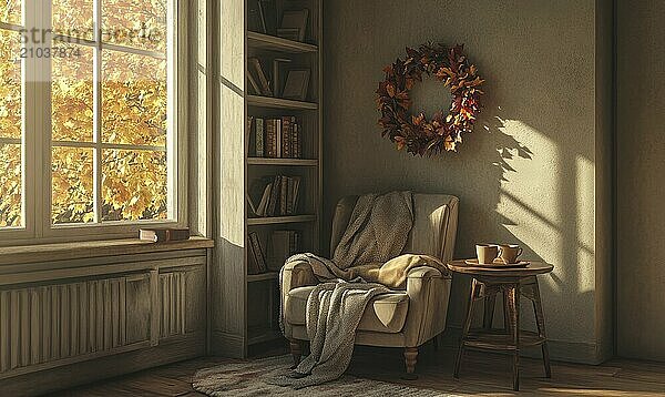 Cozy Scandinavian reading corner with a comfortable chair  small table with a cup of coffee  and an autumn wreath on the wall AI generated