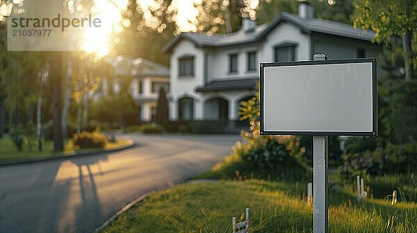 Blank real estate sign ready for your message in front of house. generative AI  AI generated