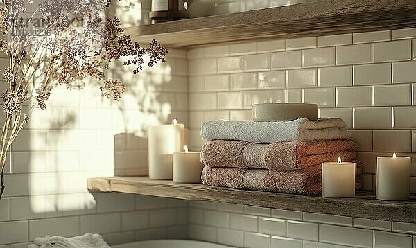 Scandinavian bathroom with autumn-colored towels and candles on the shelf AI generated