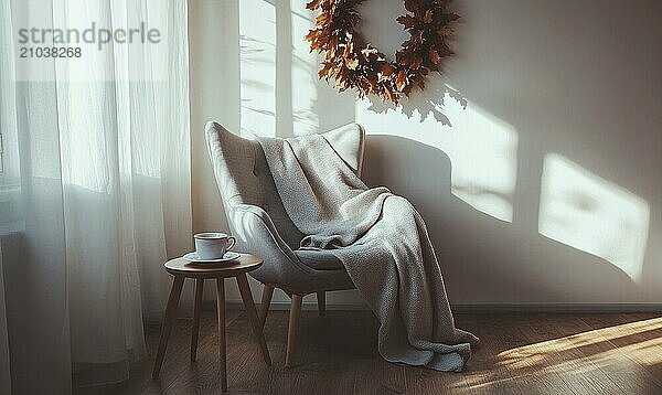 Cozy Scandinavian reading corner with a comfortable chair  small table with a cup of coffee  and an autumn wreath on the wall AI generated