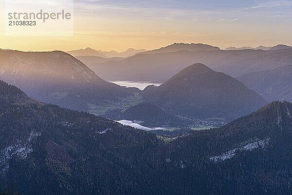 View from the Loser to the mountains and Grundlsee in the background. In the morning at sunrise. Blue sky. Autumn. Altaussee  Bad Aussee  Ausseer Land  Totes Gebirge  Styria  Upper Austria  Austria  Europe