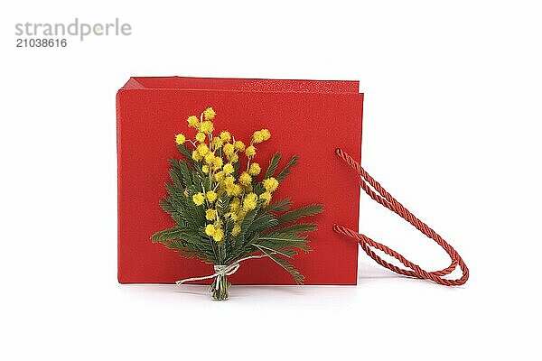 Bouquet of yellow mimosa flowers near red gift bag isolated on white background  Easter  8 March women's day concept