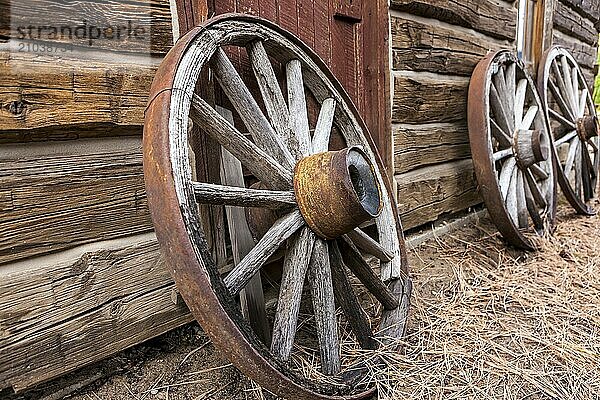 Old antique wagon wheel at a museum in Winthrop  Washington