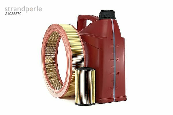 Red motor oil canister and filter isolated on white background  automobile maintenance  automotive sector  oil and filter replacement