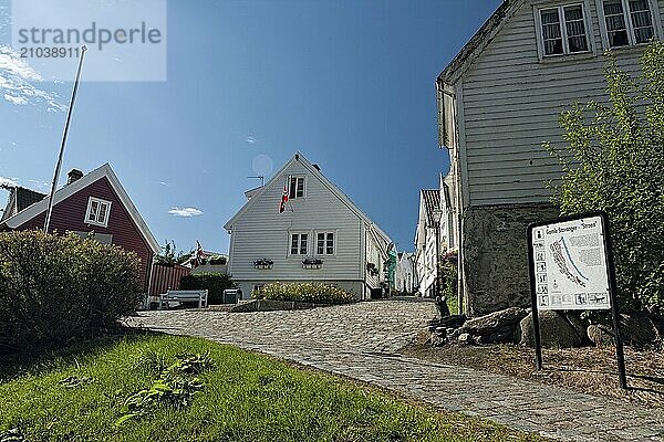 Typical houses and cobblestone street in Stavanger  Norway  Europe