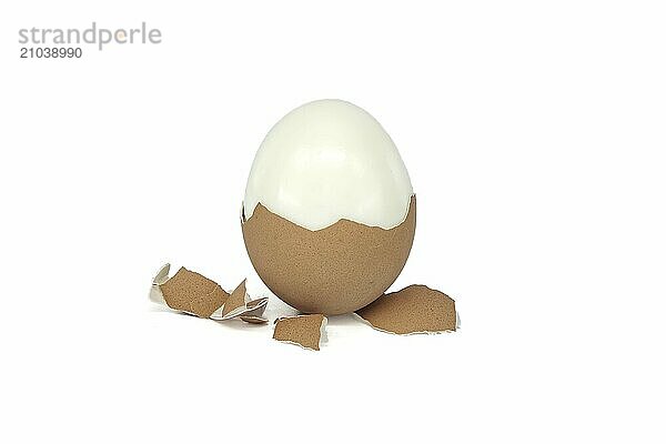 Egg in the process of being peeled  around it lay scattered pieces of eggshell  isolated on white background