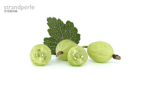 Fresh green gooseberries with a green leaf on a white background. Includes whole and sliced berries  showcasing seeds and texture