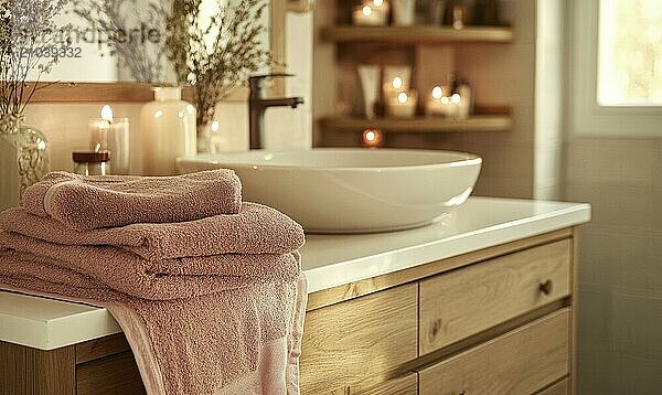 Scandinavian bathroom with autumn-colored towels and candles on the shelf AI generated